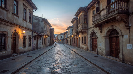 Obraz premium An old cobblestone street lined with weathered buildings, gas lamps glowing softly as the sun sets.