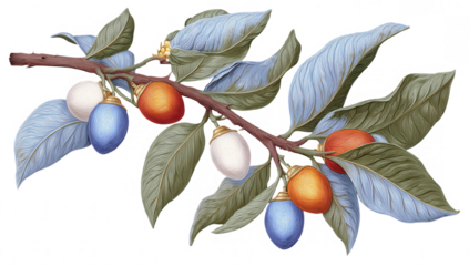 Detailed botanical illustration of a branch with various colored fruit and leaves