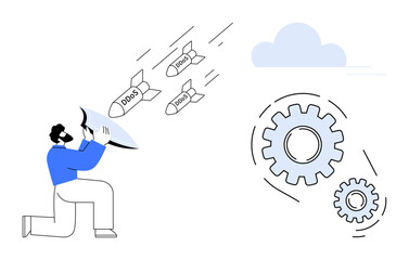 Fototapeta premium Man kneeling with shield blocking incoming DDoS missiles targeting gears and cloud. Ideal for cybersecurity, tech defense, system protection, IT infrastructure, online threats, hacking prevention