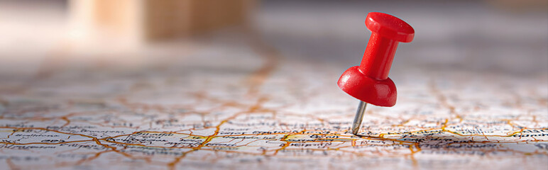 red push pin on a map marking travel destination