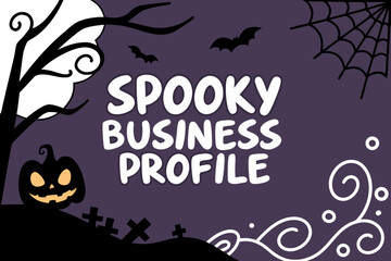 Spooky halloween themed business profile with pumpkin, bats, spider web, tree and gravestones design art