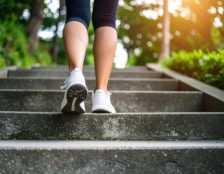 A person exercises by walking up the stairs