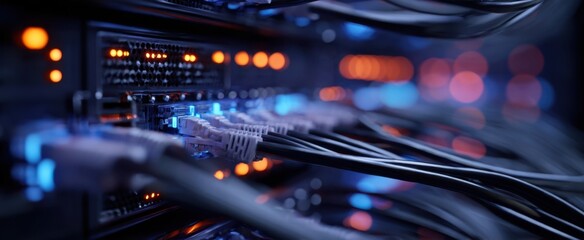 The detailed view of server connections illuminated in a data center.