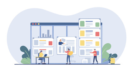 Illustration of a team collaborating on a project management board with data visualization elements