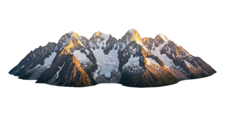Majestic mountain range with rugged, snow-capped peaks and glaciers, illuminated by soft golden light against a transparent background with copy space, studio shot, high angle. Concept of untouched
