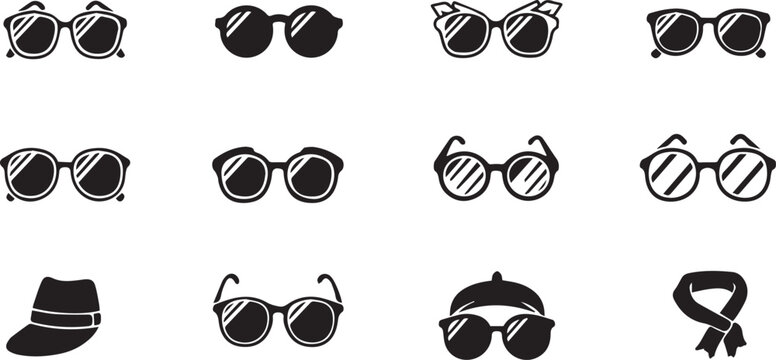 Collection Of Sunglasses And Headwear Icons On White Background eyewear spectacles