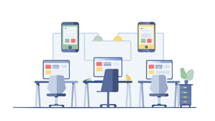 Illustration of an office space with computers phones desks chairs and a filing cabinet in a bright room