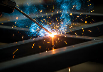 Close-up view of a worker's hands assembling metal beams with tools.
