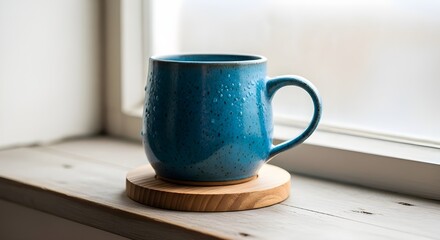 Blue Speckled Teal Pottery Mug on Wooden Base Near Window
