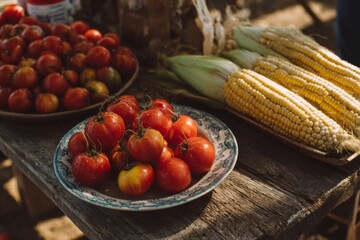 Fresh produce like tomatoes and corn are laid out for harvest prep on a rustic surface, reflecting abundance and tradition.