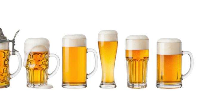 Seven distinct clear glass beer mugs and glasses filled with golden lager and frothy white heads, horizontally lined on a transparent background with copy space, studio lit, no shadows, beverage