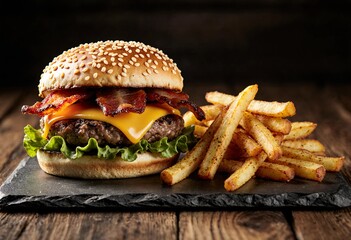 Delicious bacon cheeseburger resting on a slate board with golden french fries on a rustic wooden table.