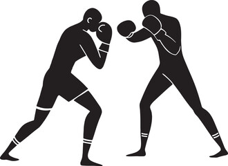 Two boxers face off in a defensive stance. A clean, bold silhouette vector ideal for combat training visuals, gym posters, and sports illustrations.