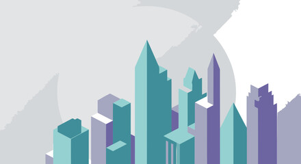 Abstract cityscape of teal and lavender skyscrapers with geometric shapes in a minimalist style. A modern, stylized illustration of urban architecture with a clean, neutral background.