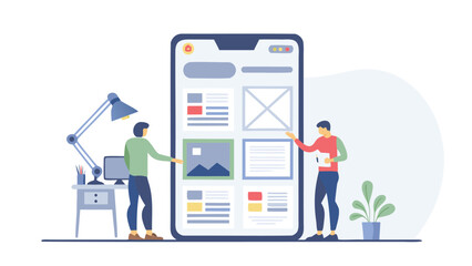 Two designers collaborating on a mobile app interface displayed on a large phone screen design session