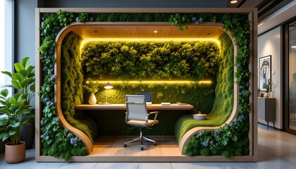 A compact, enclosed workspace meticulously crafted to foster focus and well being through biophilic principles