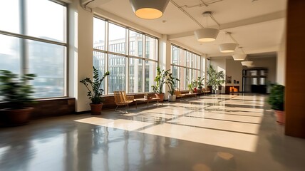 Obraz premium Bright and spacious building interior with modern design, empty hall with large windows and plants, and stylish light fixtures