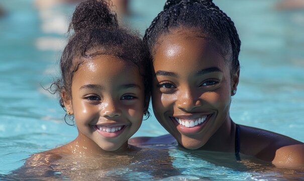 Happy smiling Black African American mother and daughter swimming during summer vacation. The image symbolizes family bonding and enjoyment of holiday activities, Generative AI