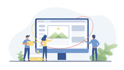 Team collaborating on website design with computer screen and mountain landscape image display shown