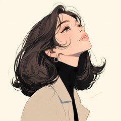 Naklejka premium Captivating portrait of a woman with flowing hair in a stylish outfit during a soft, serene moment Generative AI
