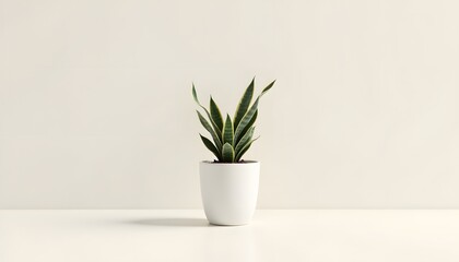 A photorealistic illustration depicts a snake plant, also known as mother in law's tongue, standing upright in a simple, cylindrical white ceramic pot