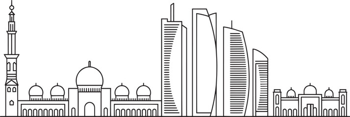 Obraz premium Abu Dhabi Skyline Outline Silhouette Vector Illustration of United Arab Emirates Cityscape Panorama