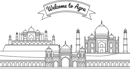 Fototapeta premium Agra India Skyline Vector Illustration with Taj Mahal and Welcome Sign Outline Art