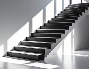 Fototapeta premium Modern staircase with sleek black steps and bright sunlight casting shadows, creating a striking architectural feature in a minimalist interior space