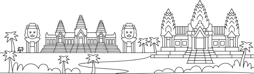 Naklejka premium Angkor Wat Temple Outline Silhouette Cambodia Landmark Travel Destination Southeast Asia Architecture Icon