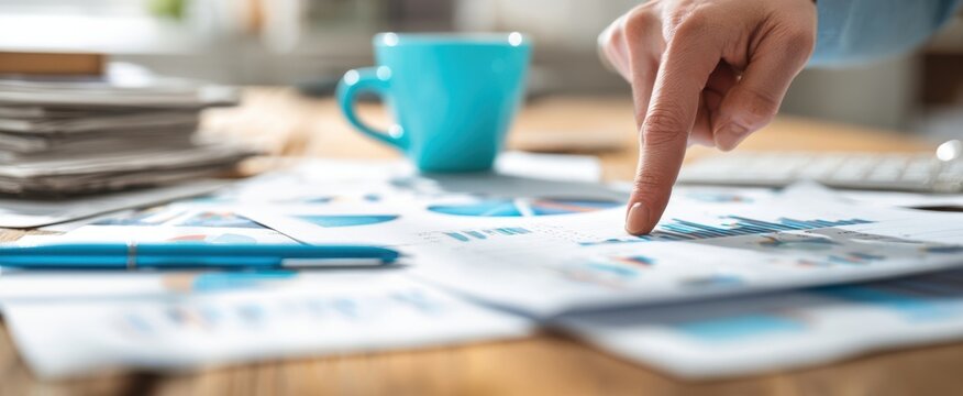 The hand pointing at graphs on documents in a professional workspace.