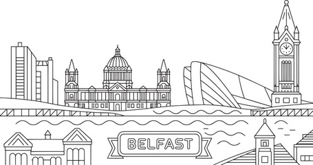 Belfast Skyline Outline Vector Illustration Cityscape Silhouette Landmark Northern Ireland UK Urban Scene