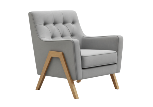 transparent upholstered armchair with button tufting and angled light brown wooden legs, full object in a 3/4 view, on a pristine plain transparent studio background with no shadows, professional