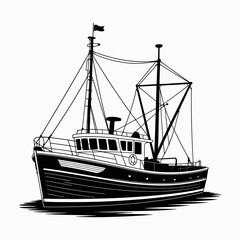 fishing boat, ship, design, vector, graphic, blackandwhite, nautical, maritime, ocean, boat, watercraft, illustration, fishing, marine, vessel, seafaring, sailor, transportation, boating, coastal, wat
