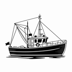fishing boat, ship, design, vector, graphic, blackandwhite, nautical, maritime, ocean, boat, watercraft, illustration, fishing, marine, vessel, seafaring, sailor, transportation, boating, coastal, wat