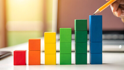 Blue 3D bar graph with red arrow illustrating business growth and financial success