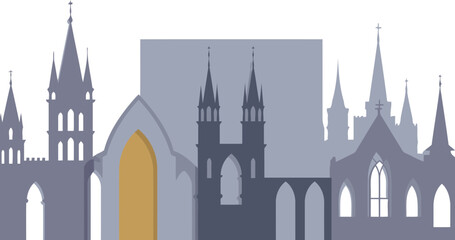 Obraz premium Silhouette of European church architecture in a misty cityscape. Architectural design of gothic spires and arched doorways with muted colors against a soft, hazy background.