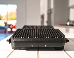 Electric grilling press with ridged plate
