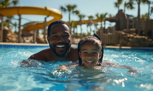 Happy Black father and daughter swimming at a waterpark during summer vacation. The image reflects joyful family moments and the importance of togetherness in a fun, active, Generative AI - Powered by Adobe