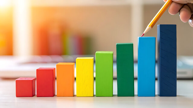 A striking 3D business graph on a red background illustrates market growth and financial success - Powered by Adobe