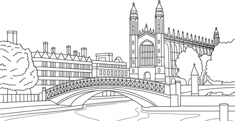 Fototapeta premium Cambridge Skyline Vector Illustration with King's College Chapel and Bridge of Sighs Outline Art