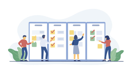 Team collaboration using agile board with sticky notes and task management for project development and planning