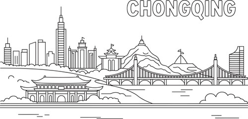 Obraz premium Chongqing Skyline A Detailed Illustration of Urban Landmarks and Architectural Wonders