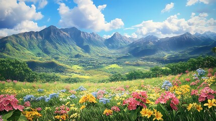 Lush meadow bursting with blossoms beneath clear mountain sky high resolution picture