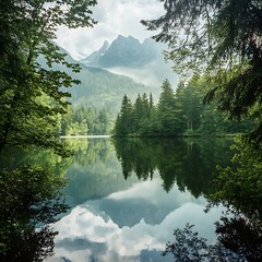 Naklejka premium Lush vegetation surrounds lake with blue sky mirrored water high resolution picture