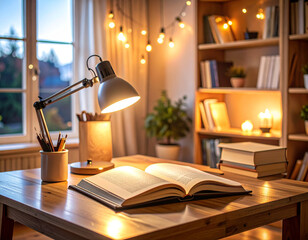 An open book on the study table, the lamp shining on it.