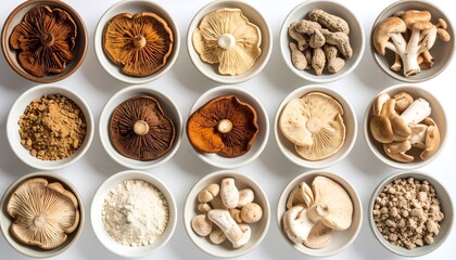 Assorted dried mushrooms and mushroom powder