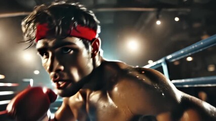 Male boxer in red gloves mid-action with intense expression during pro boxing match
- Powered by Adobe
