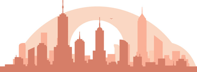 Fototapeta premium Silhouette of a modern city skyline in a muted peach tone. A peaceful sunrise or sunset casts soft light on the buildings, creating a tranquil and sophisticated aesthetic.