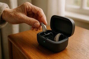 Aging hands gently handling a hearing aid in a case, highlighting the intimate morning routine of using and caring for a hearing device