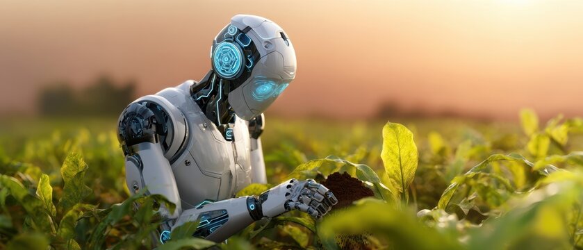 The humanoid robot cultivating crops in a sustainable agricultural field.